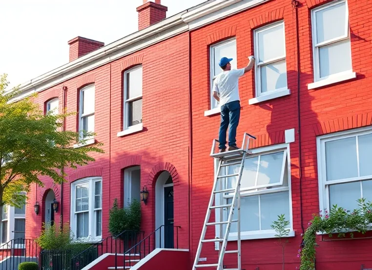 Peintre sur échafaudage traitant la façade d'une maison