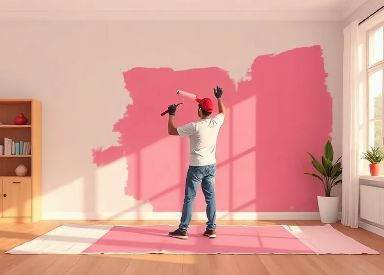 Peintre appliquant la peinture au rouleau sur un mur de salon